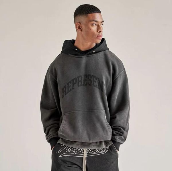 

men's hoodies & sweatshirts 2021fw patchwork represent hoodie men women 1:1 pullover nice washed letter logo printing hoody stre, Black