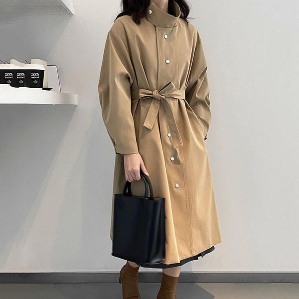 

women's trench coats [ewq] fashion khaki coat autumn 2021 stand collar sashes loose single breasted long sleeve windbreaker, Tan;black