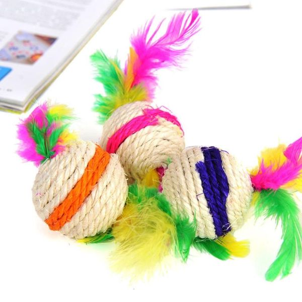 

cat toys 3pcs pet toy sisal ball with two velvet feathers chewing and grinding
