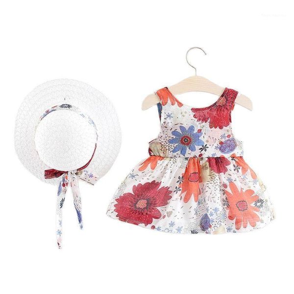 

girl's dresses 2pcs/set girls dress +hat cotton comfortable children's summer floral 0-3y sleeveless for children1, Red;yellow