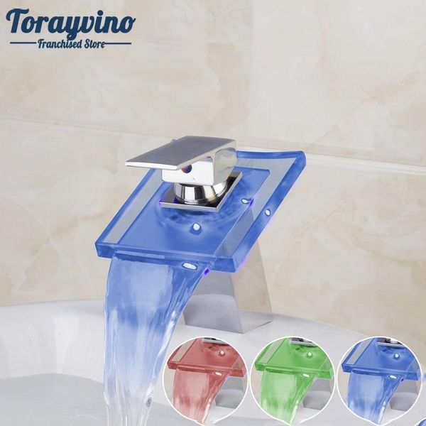 

bathroom sink faucets torayvino polished chrome waterfall faucet led light brass glass torneiras deck mounted basin mixer tap