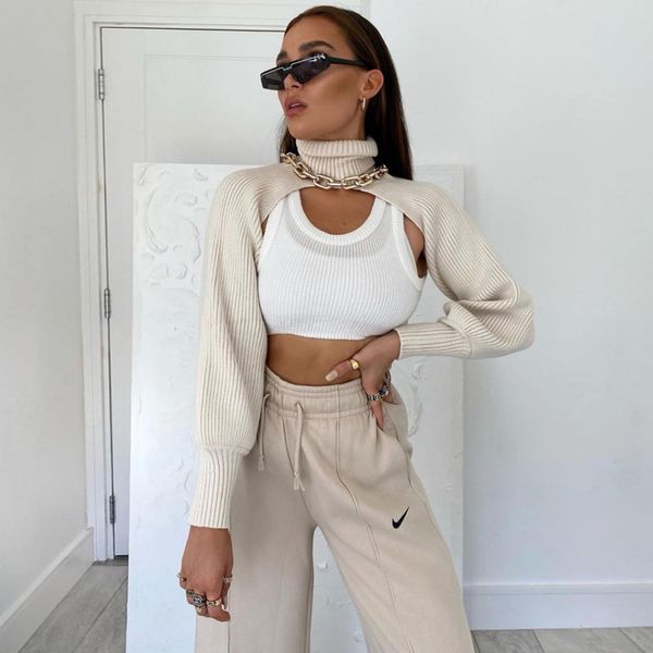 

fall winter 2021 knitted turtleneck womens crop sweaters lantern sleeve pullover females shawl sweaters, White