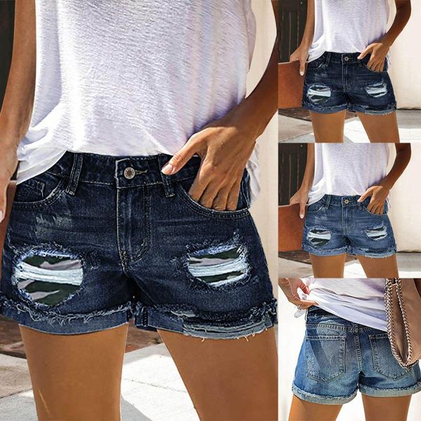 

women's jeans women summer pants high waist slim hole shorts fashion casual, Blue