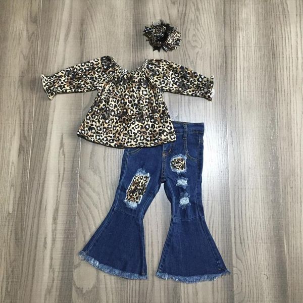 

fall winter baby girls leopard jeans children clothes boutique pants set ruffles outfits bell bottoms match bow, White
