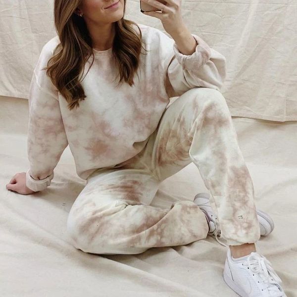 

2021 new fashion tie dye pullover hoodies 2 piece sets womens outfits autumn winter casual home sweatpant trousers suits ci2f, Gray