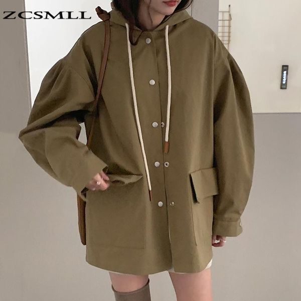 

zcsmll korean ins autumn wild pure color loose casual mid-length puff sleeve hooded windbreaker solid color women jacket female, Tan;black