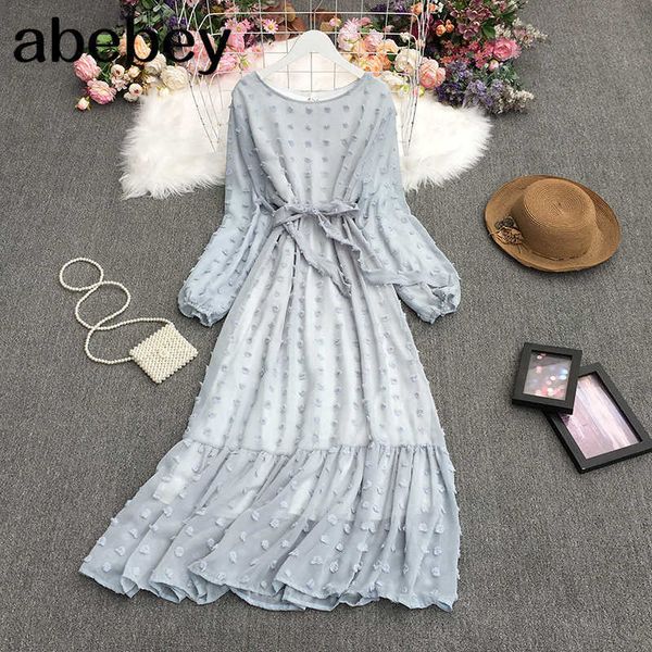 

summer women temperament all-match o-neck long sleeve dress waist slim ruffles big skirt dress 210715, Black;gray