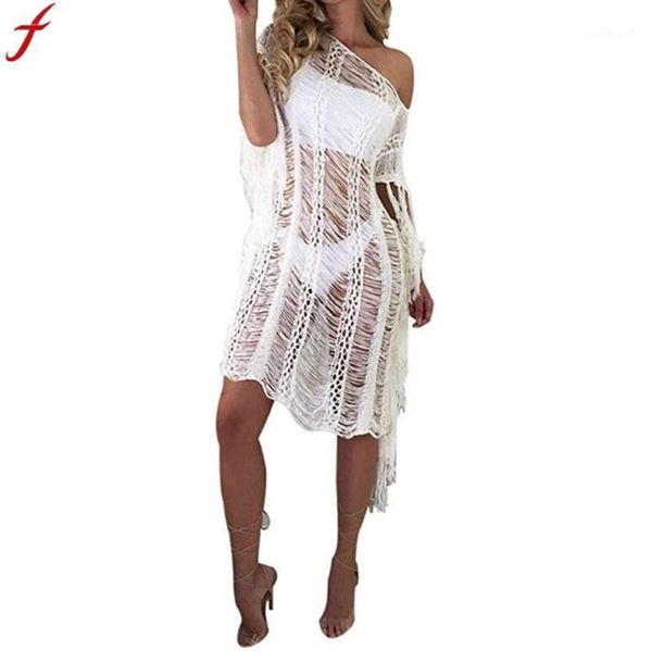 

feitong female blouses 2021 women beach soild lace swimwear cardigan swimsuit bikini long cover up1, White