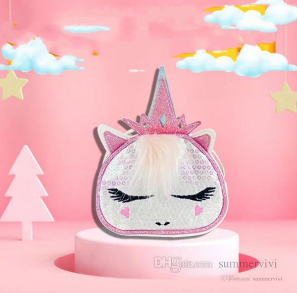 

ins kids sequins unicorn purse girls plush pompon cute animal single shoulder bags children cartoon horse messenger bag wallet q3326, White