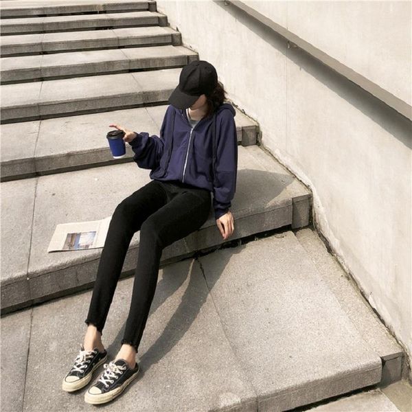 

women's jeans black female feet high waist stretch slimming pants pencil women, Blue