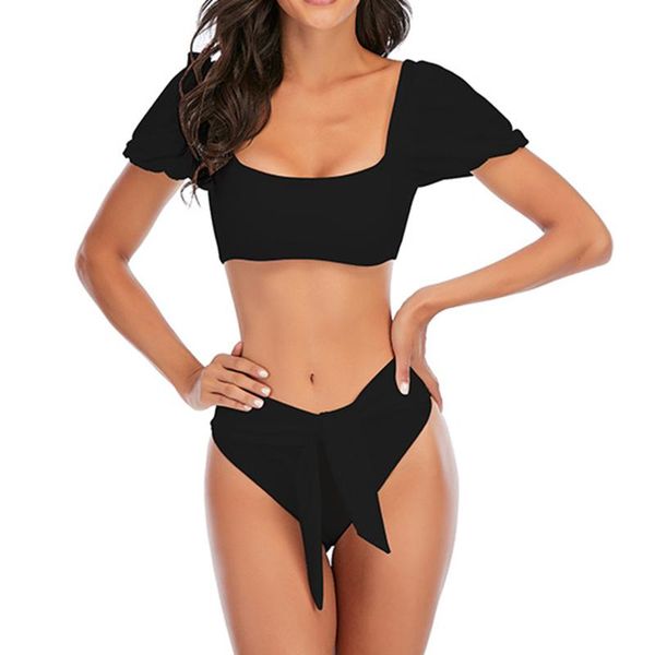 

women's swimwear bubble sleeve solid bikini set high waist split two-piece swimsuit hight padded bra bathing suit#30, White;black