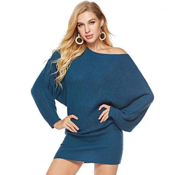 

women's sweaters spring and autumn large size long sweater off-neck batwing sleeve knit dress, White;black