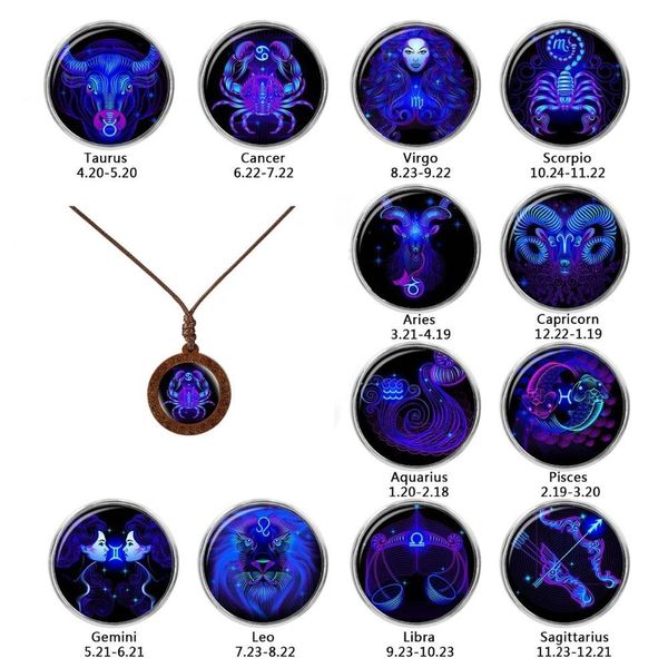 

12 constellations zodiac signs glass wood pendant necklace woman man birthday christmas gift wholesale fashion jewelry, Silver