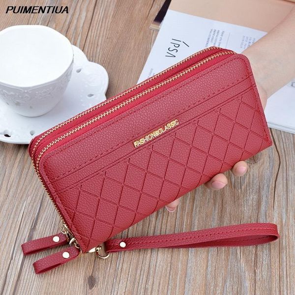 

puimentiua long womens wallet female purses tassel coin purse card holder wallets leather double zip clutch bag, Red;black