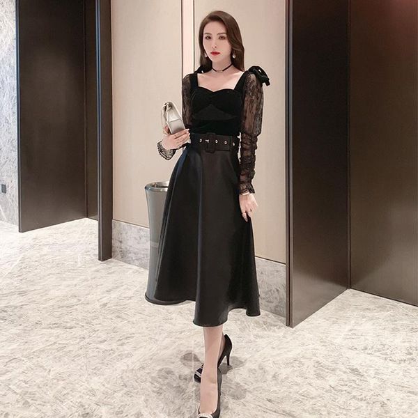 

skirts 2021 spring women's a-line skirt solid black elegant pu leather with belt