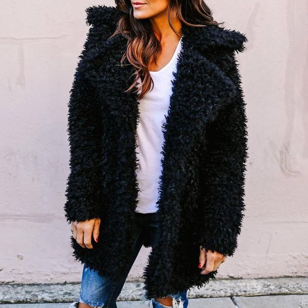 

womens ladies warm faux-fur coat jacket solid long thick cardigan outerwear plus size female overcoat #4, Black