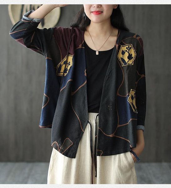 

women's jackets 2021 summer artsy goldfish print wrap coat patch designs embroidery, Black;brown