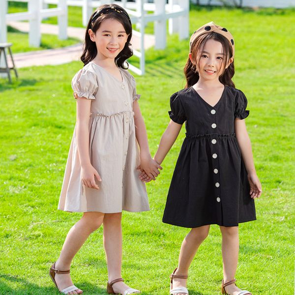 

2020 girls summer v-neck dress unique button princess youth party children's black beige 4-14y, Red;yellow
