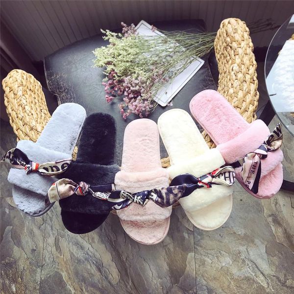 

slippers print butterfly-knot short plush home women winter warm fur shoes open toe furry flip flops woman fluffy sandals, Black