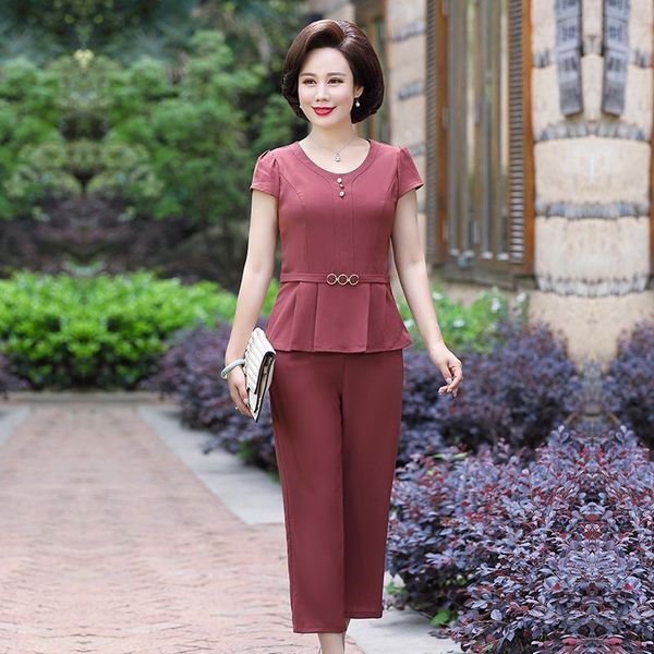 

2021 summer women short sleeve vintage chiffon slim two piece fashion causal suit pants set plus size 4xl vetement femme w224, Gray