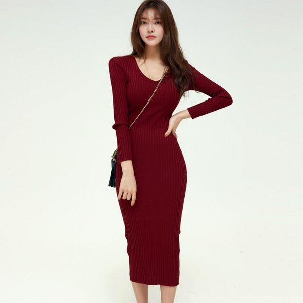 

women autumn winter knitted dress v neck slim elastic bodycon long dress knit warm sweater dresses vestidos, Black;gray