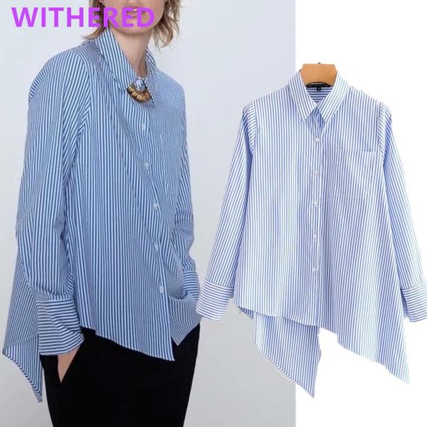 

women's blouses & shirts withered england high street vintage striped asymmetry blouse women blusas mujer de moda 2021 loose shirt wome, White