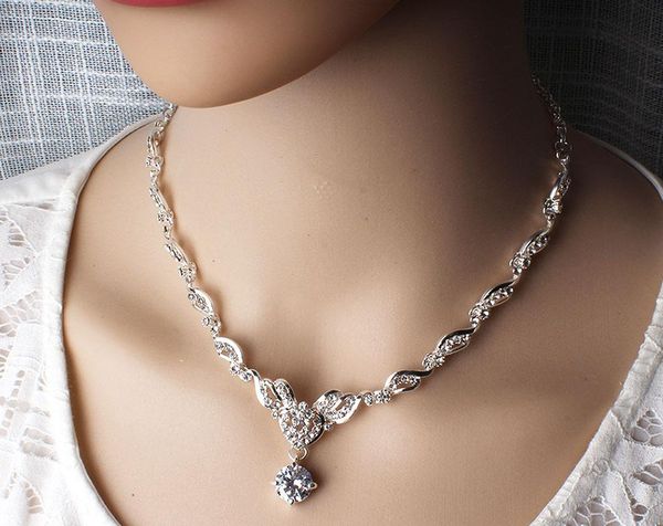 

earrings & necklace fashion crystal bridal jewelry set silver color rhinestone party ms. wedding drop