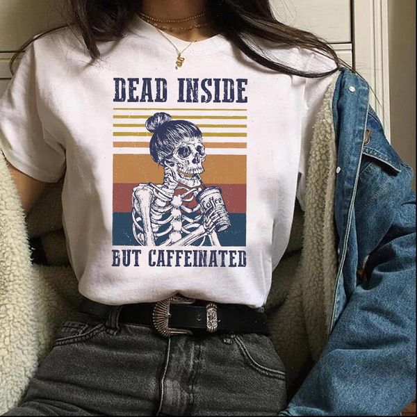 

women print clothes cartoon skull coffee 90s trend pumpkin autumn fall halloween lady tees female t shirt womens t shirt, White