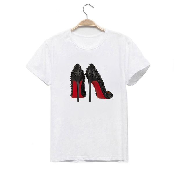 

lus los tshirt women short sleeve high heels printed casual loose o-neck t shirt camiseta mujer t shirt women, White