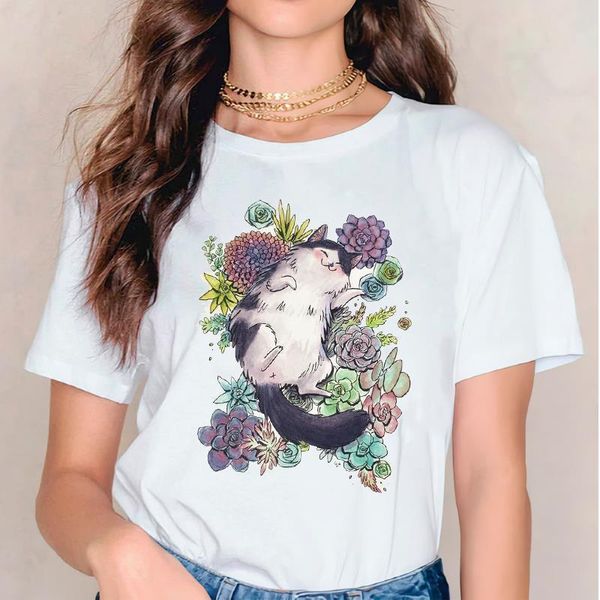 

women 2021 cat cute floral flower summer spring t shirt clothes tshirts womens ladies graphic female tee t-shirt clothing, White