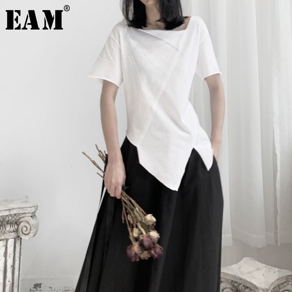 

[eam] women white asymmetrical split joint t-shirt new round neck short sleeve fashion tide spring autumn 19a-a662 210306