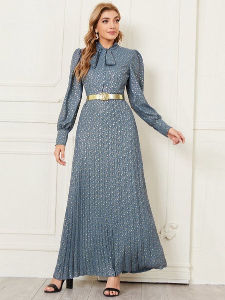 

gilding star print tie neck pleated dress without belt she, Black;gray