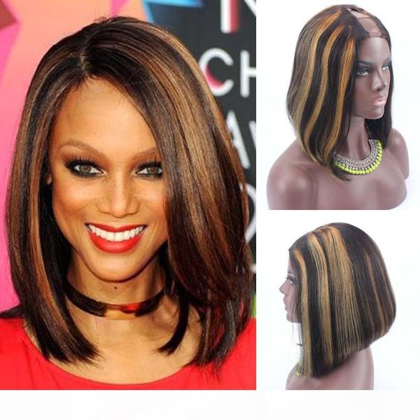 

14inch 150% density brazilian u part bob wigs highlight color 30 1x4 parting glueless bob wig short u part wig brazilian hair, Black;brown