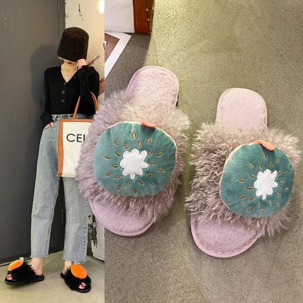 

slippers style girl wind soft velvet flat with suede cool slipper mao shoes house fashion wear, Black