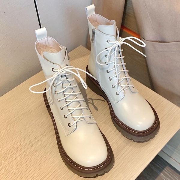 

boots winter handmade genuine leather women round toe thick sole ankle shoes platform cross tied zipper, Black