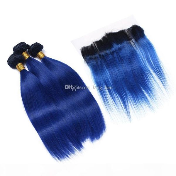 

ombre color 1b blue human hair weft with lace frontal 100 virgin human ombre hair 3bundles with ear to ear frontal, Black