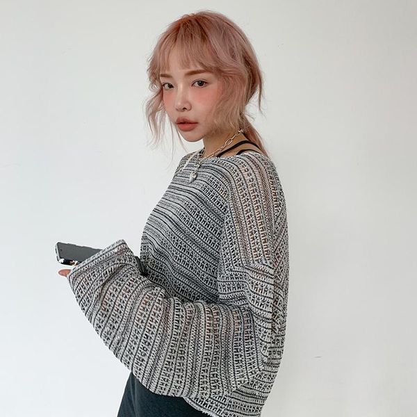 

women sweaters short color black white mixed thin fz085 o neck spring summer female pullover hollow pattern, White;black
