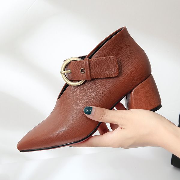 

womens genuine leather v-shape metal buckle med heel pumps brand designer retro vintage spring autumn high heeled shoes size 43, Black
