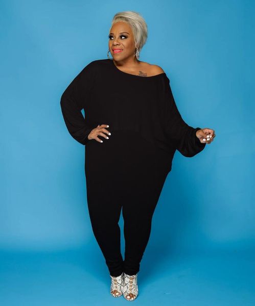 

plus size tracksuits chocomisty-ladyplus plus-size sets oblique shoulder solid color pants set hy8023, Black
