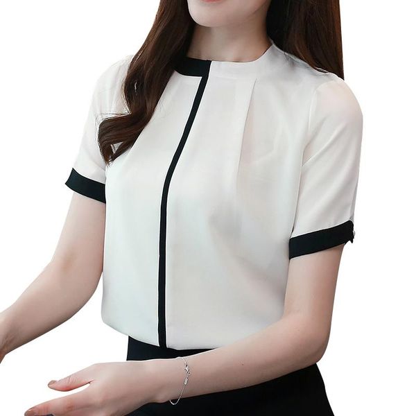 

women's blouses & shirts 2xl ol style women 2021 korean stand-up collar short sleeve contrast chiffon shirt female workwear, White