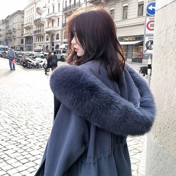 

women's wool & blends outerwear winter casual women woolen coat medium long warm hooded long-sleeved large fur collar jk272, Black