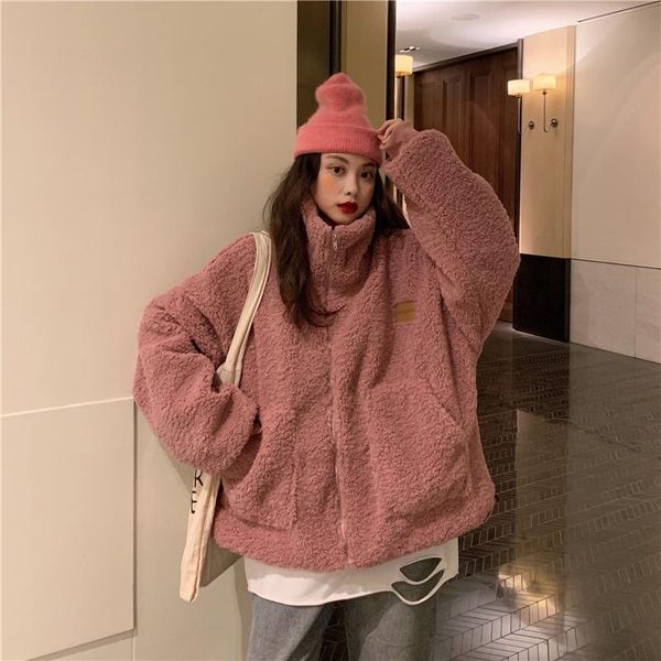 

women's jackets korean loose and thickened warm plush cardigan coat for women in autumn winter 2021, Black;brown