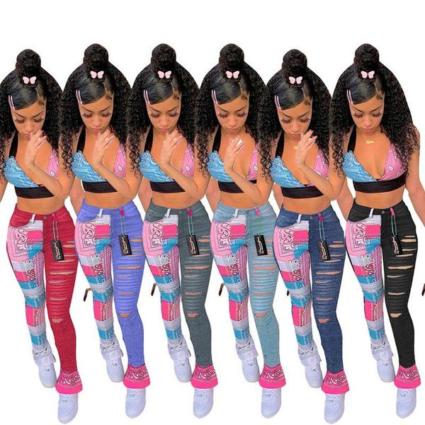 

women's pants & capris 2021 printed splicing tear jeans trousers street slim mid waist lady fashion casual wear rave festival clothing, Black;white