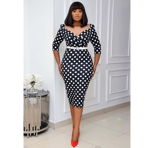 

casual dresses donsignet fashion women's dress v-neck hedging polka dot printing slim bag hip seven-point sleeve, Black;gray