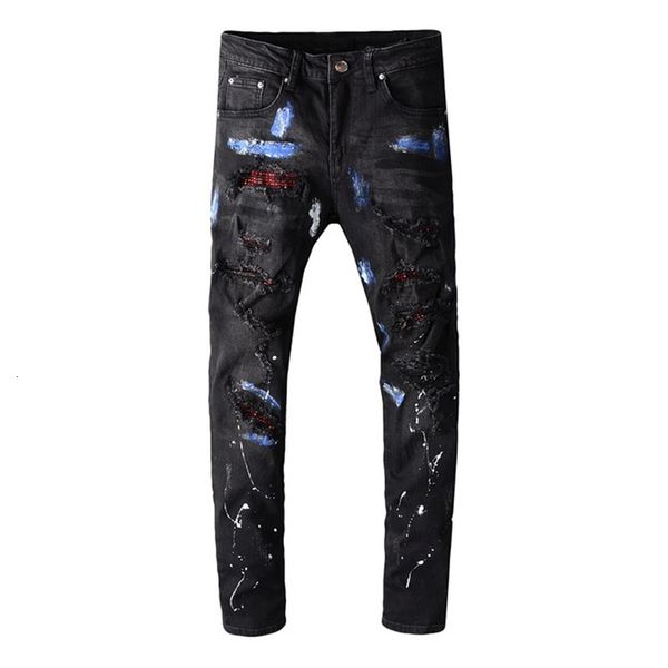 

2021 new men's crystal blue painted black jeans fashion slim skinny rhinestone holes ripped patchwork stretch denim pants trousers pbor