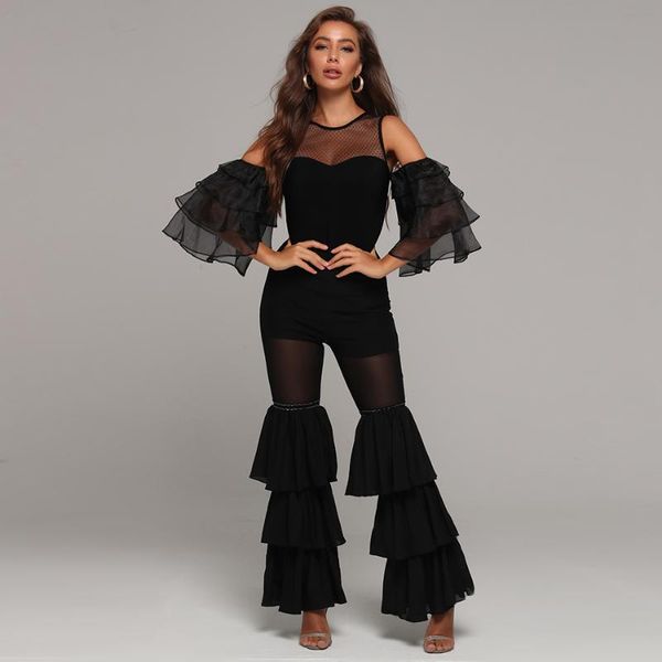 

women's jumpsuits & rompers adyce 2021 fashion lady summer jumpsuit party elegant round neck ruffled flare sleeve off shoulder cutout v, Black;white