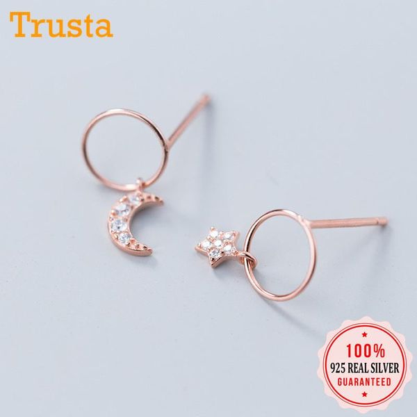 

stud trusta 100% 925 solid real sterling silver asymmetric hollow round star moon earrings for girl women jewelry ds1257, Golden;silver