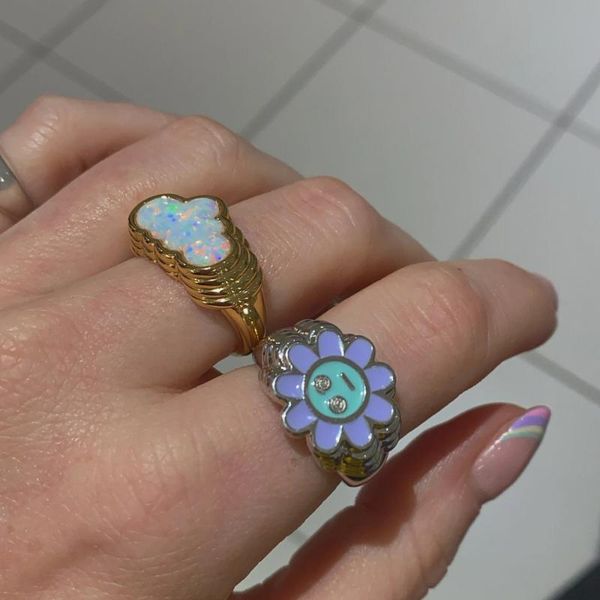 

cluster rings ins creative colorful flower love ring vintage drop oil geometric cloud for women girls fashion jewelry gift, Golden;silver