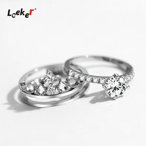 

wedding rings leeker solid hollow crown ring set for women silver color crystal size 6 7 8 9 femal party jewelry 020 lk4, Slivery;golden