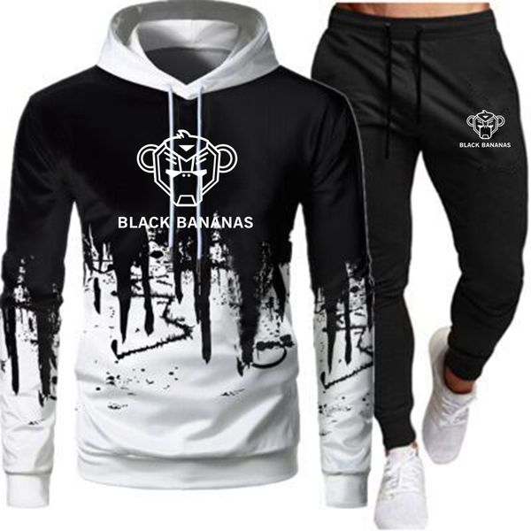 

2021 autumn spring men's hoodies+sweatpants sets black sweatshirts fashion slim fit male bananas hip hop pullover hoody, Gray